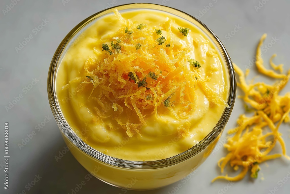 Close-up of Lemon Posset, British cream dessert, garnished with orange zest, herbs, orange peel. Concept of Lemon Posset featuring vibrant colors and textures. Close-up of Lemon Posset, British cream dessert, garnished with orange zest, herbs, orange peel. Concept of Lemon Posset featuring vibrant colors and textures.