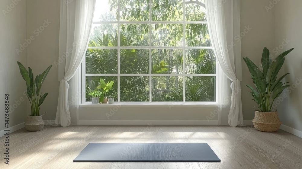 Fototapeta premium Empty yoga with large window and plants.