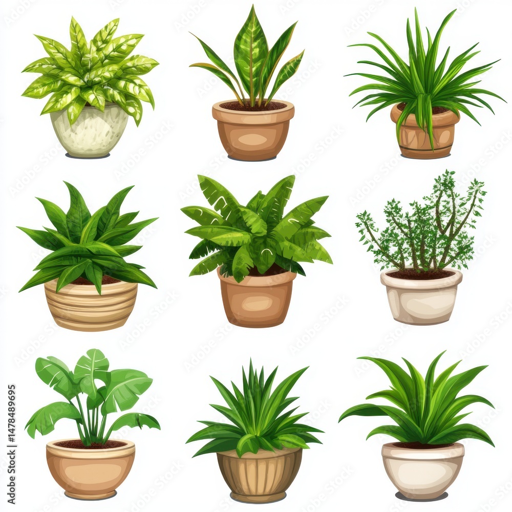 Fototapeta premium Assorted potted plants illustration showcasing various species in decorative containers against a white background botanical art