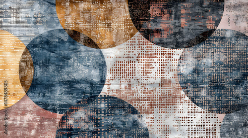Abstract design featuring overlapping circles in various colors and textures.