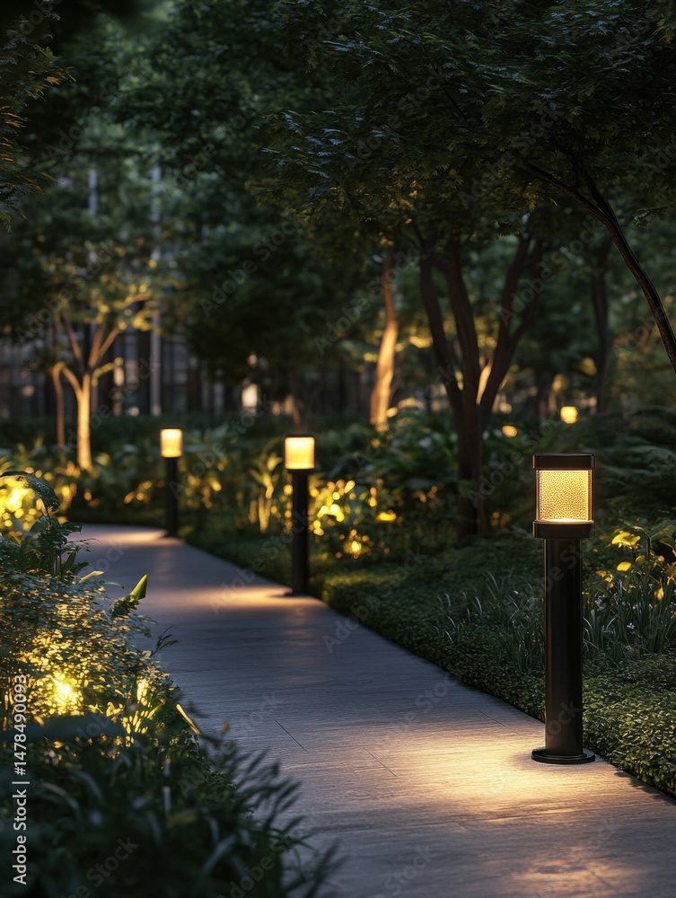 Fototapeta premium Illuminated path at twilight in lush garden setting with modern bollard lights creating warm ambiance in park