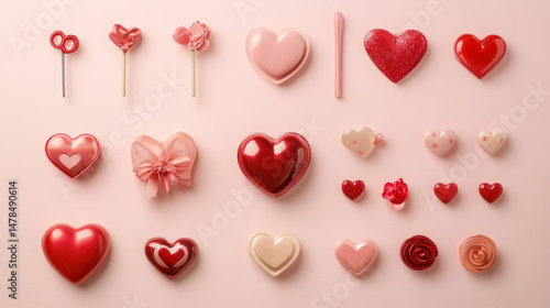 A charming valentine flatlay featuring heart love romantic flatlay and gift items arranged for a seasonal greeting. AI generative