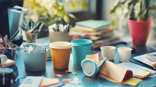 Disorganized workspace with paper cups, scattered papers and office supplies on desk