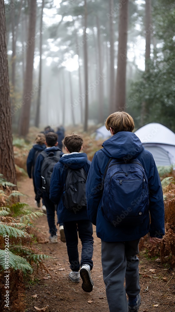 School kids walking in forest. School kids walking in forest.