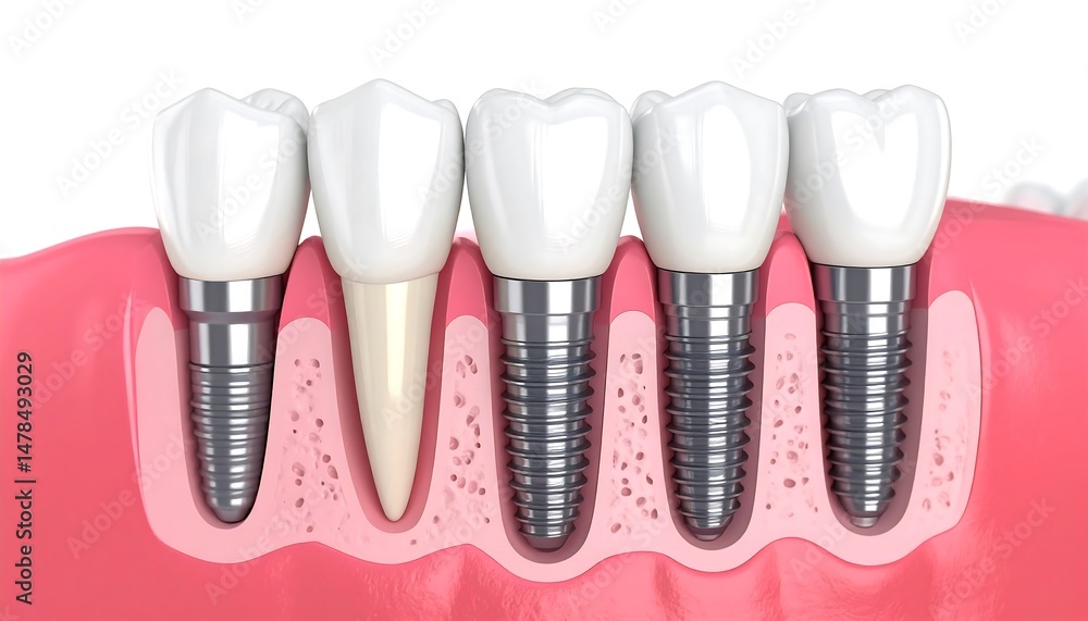 Dental implantation, teeth with implant screw, 3d illustration.horizontal, hygiene, medicine, no people, photography, teeth, artificial, color image, dentures, close-up, implant, porcelain, technology Dental implantation, teeth with implant screw, 3d illustration.horizontal, hygiene, medicine, no people, photography, teeth, artificial, color image, dentures, close-up, implant, porcelain, technology