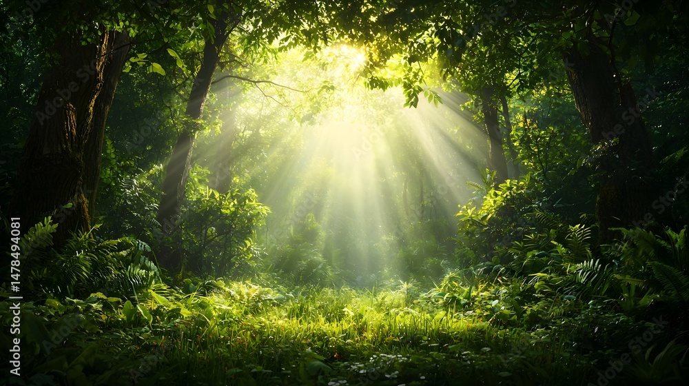 Fototapeta premium Breathtaking photograph of a magical sunlit forest with mesmerizing light rays shining through the tall lush trees creating an ethereal and peaceful atmosphere