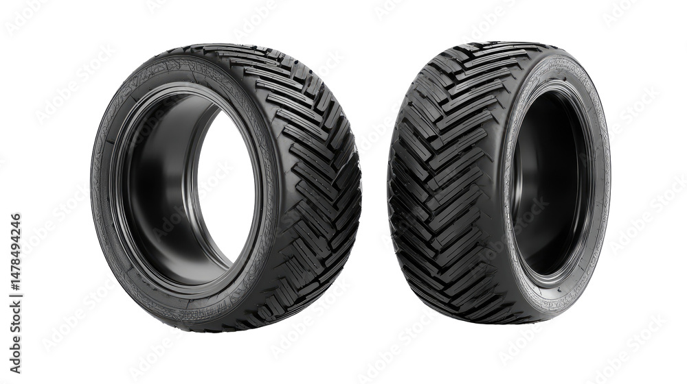 Two Shiny Black Tires Standing Side by Side Isolated on Transparent Background
Two Shiny Black Tires Standing Side by Side Isolated on Transparent Background