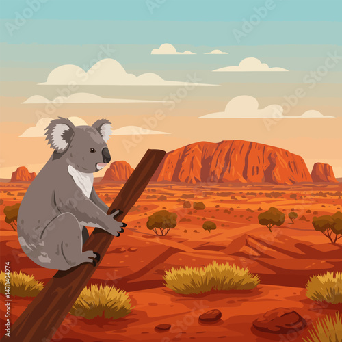 Koala on Branch in Australian Outback Landscape Illustration