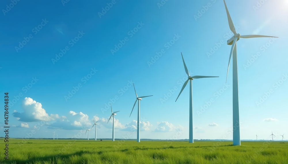 Wind turbines on a wind farm against a blue sky, clouds, wind farm, clean energy Wind turbines on a wind farm against a blue sky, clouds, wind farm, clean energy
