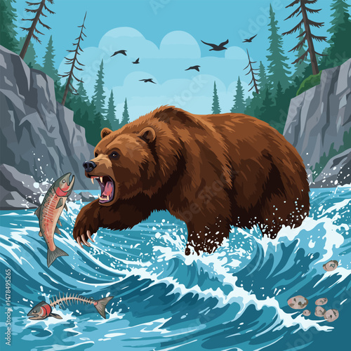 Bear Hunting Fish in River Surrounded by Forest and Rocks
