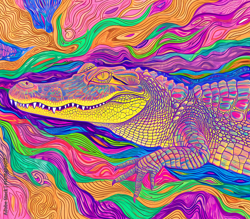 Fototapeta premium an abstract drawing of a crocodile with colorful lines, precisionist lines, light red and indigo, colorful turbulence with mixed pattern colorful background