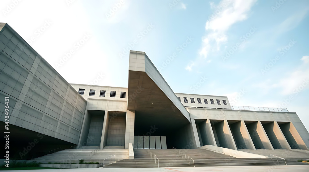 Obraz premium A monumental brutalist government building from the late 1970s, designed with massive cantilevered concrete volumes and sculptural voids, rising against a clear sky. created by generative ai