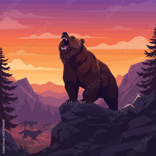 Roaring Bear on Rocky Peak with Wolves at Sunset Illustration