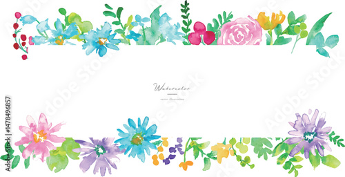水彩画。水彩タッチのカラフルな春の花びらフレーム。色鮮やかな花のベクターイラスト。Watercolor. Colorful spring petals frame with watercolor touch. Vector illustration of colorful flowers.