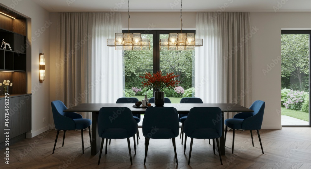 Modern dining room with large windows Modern dining room with large windows