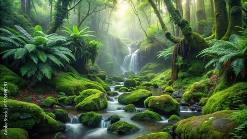 A lush green forest floor covered in a thick layer of moss and ferns, with small streams and waterfalls creating a misty atmosphere, atmospheric conditions, ferns