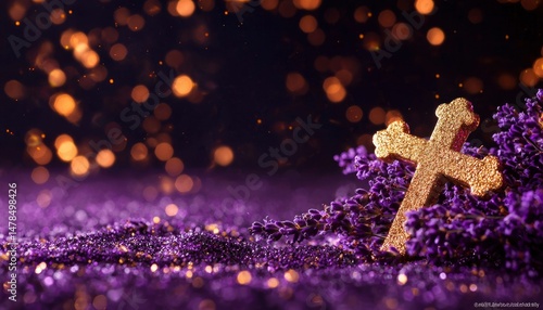 Golden cross on lavender background