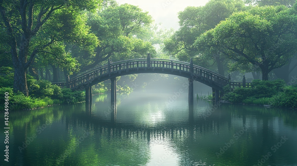 Fototapeta premium Serene Misty Bridge in Lush Green Forest Tranquil Nature Scene