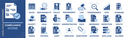 Compliance icon set. Containing rules, responsibility, policy, requirement, law, transparency, step and more. Solid vector icons collection