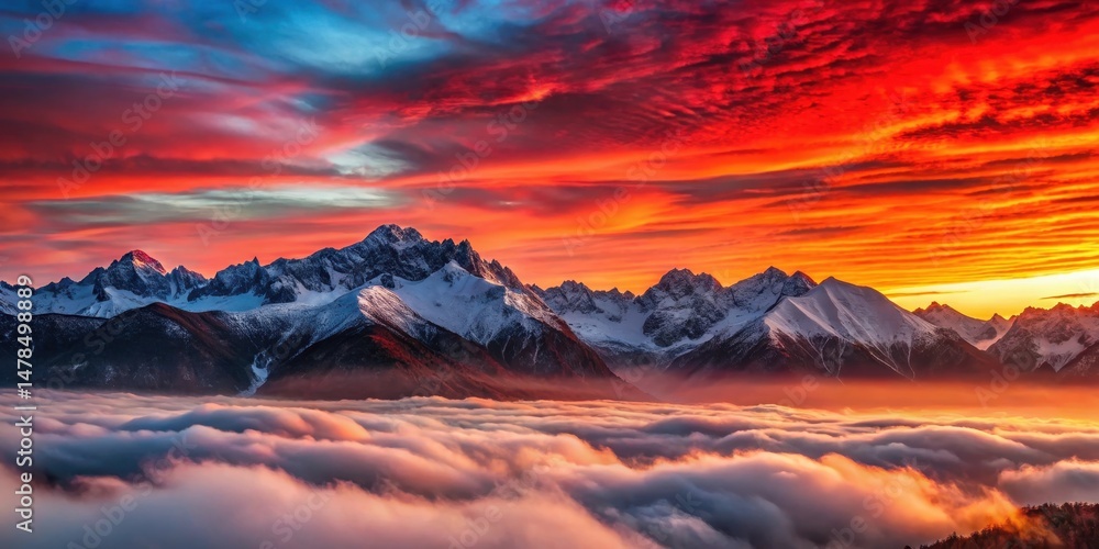 Fototapeta premium A bold and bright red sunrise over a rugged mountain range with snow-capped peaks and a misty valley below, bold, morning, bold
