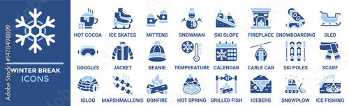 Winter breeak icon set. Containing hot cocoa, ice skates, mittens, snowman, ski slope, fireplace, snowboarding and more. Solid vector icons collection