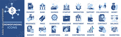 Crowdfunding icon set. Containing payment, bank, savings, startup, innovation, support, collaborative and more. Solid vector icons collection