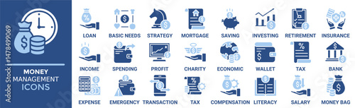 Money management icon set. Containing loan, basic needs, strategy, mortgage, saving, investing, retirement and more. Solid vector icons collection