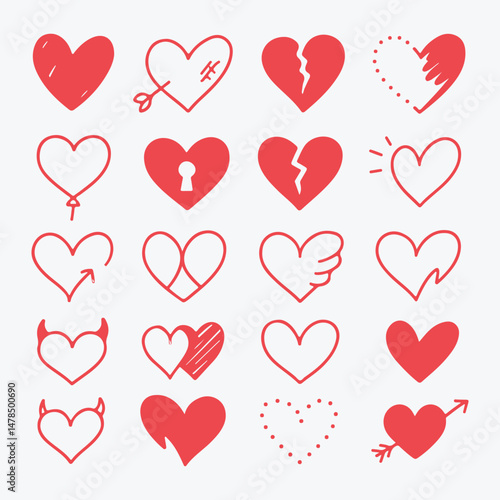 Heart clipart shape outline set. Hand Drawn Heart Icons Collection – Cute Valentine Love Symbols in Red – Vector Illustration