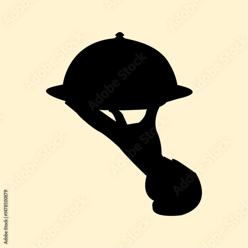 Silhouette of hand holding tray lid concept. Design icon of waiter bring dish. Vector illustration.