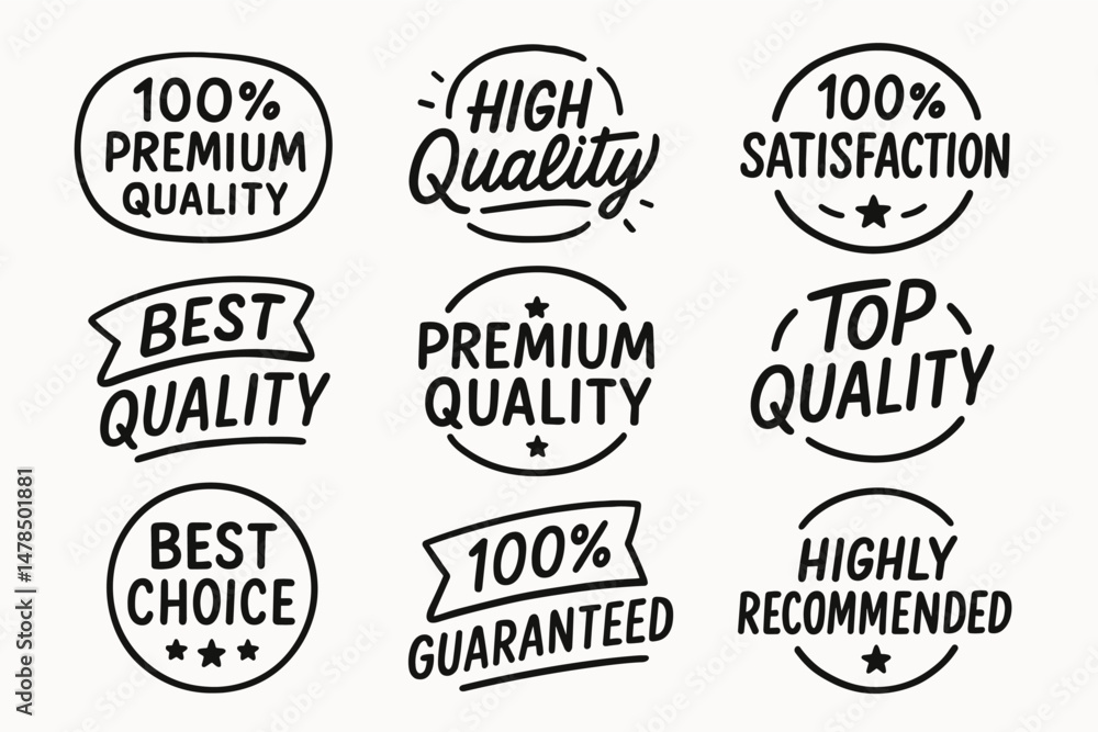 Hand drawn premium quality and recommendation vector badges and vector labels set Hand drawn premium quality and recommendation vector badges and vector labels set
