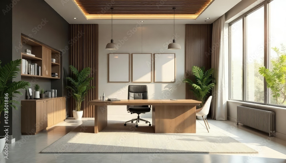 Fototapeta premium A modern, minimalist lawyer office interior with sleek furniture and natural light , productive, calm, solicitor
