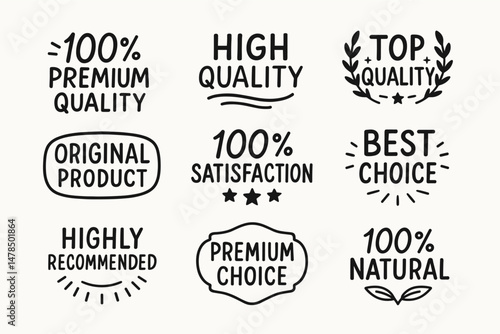 Hand drawn premium quality and recommendation vector badges and vector labels set