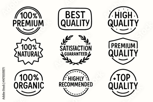 Hand drawn premium quality and recommendation vector badges and vector labels set