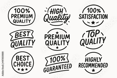 Hand drawn premium quality and recommendation vector badges and vector labels set