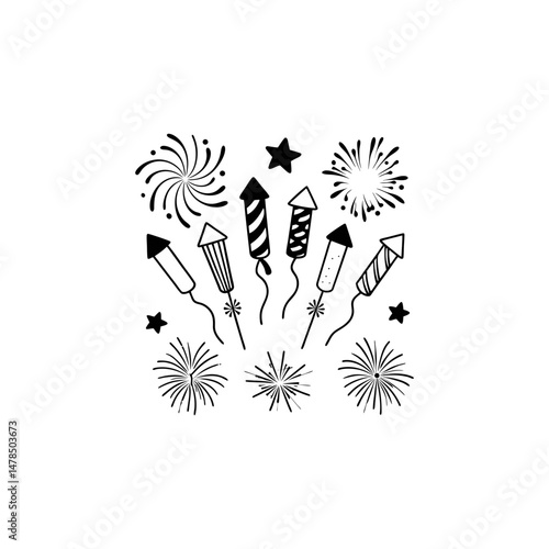 Black Silhouette Of Celebration Fireworks Display On White Background Festive Holiday Vector Illustration Party Celebration Element