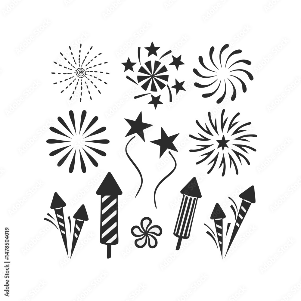 Fototapeta premium Fireworks set bundle silhouette vector