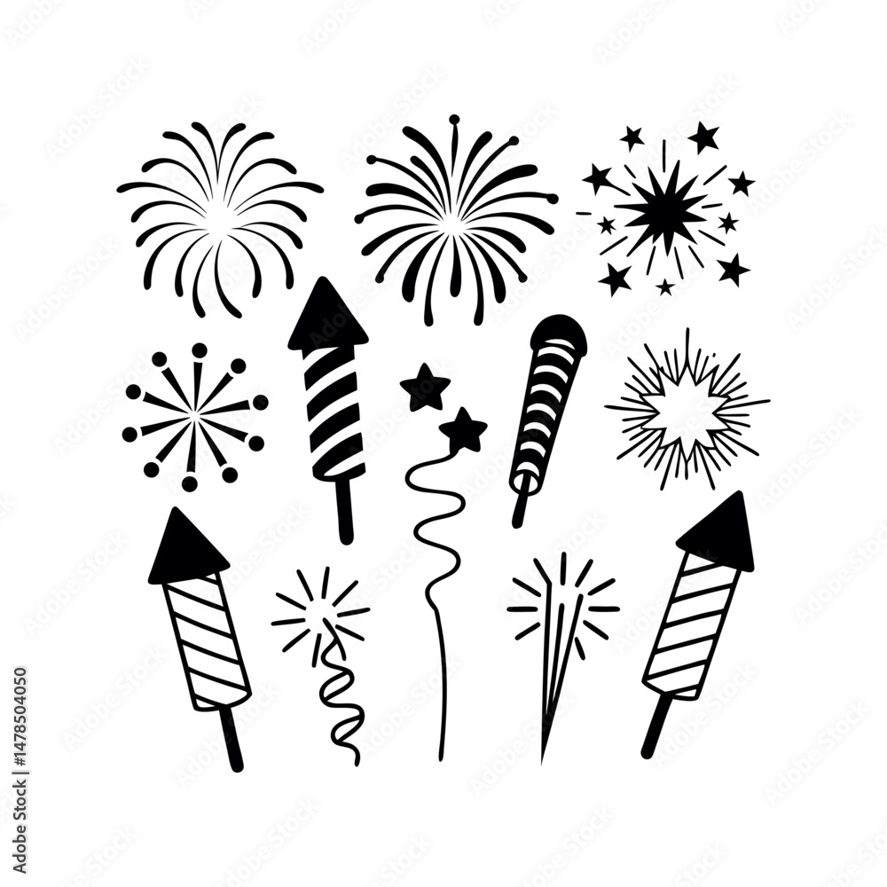 Naklejka premium Black Silhouette Of Celebration Fireworks Display On White Background Festive Holiday Vector Illustration Party Celebration Element