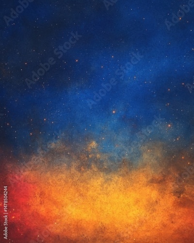 Abstract celestial watercolor painting of a starry night sky with orange and blue hues cosmic background art
