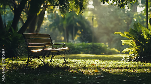 A vintage wrought iron bench is located in a lush green park, with sunlight filtering through the trees.