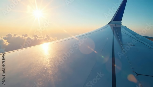 Close-up of airplane wing, rivets visible, sunlight reflecting on metallic surface , powerful, grey, transportation