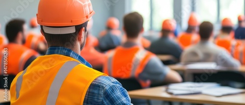 Back View of Construction Workers Attending Safety Training Seminar in Brightly Lit Classroom Environment with Desks
