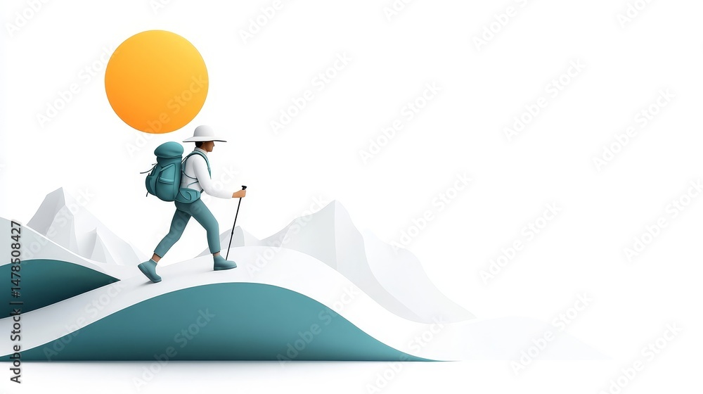 Obraz premium Hiker Navigating Abstract Landscape with Sun and Mountains