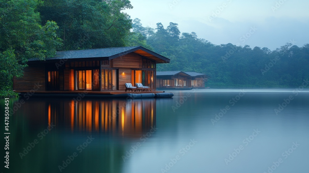 Fototapeta premium Serene Lakeside Cabins: Tranquil Getaway in Lush Forest
