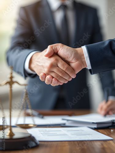 Legal Handshake: A lawyer and client shake hands across a desk, signifying a successful agreement or the start of a new partnership.  The gavel and scales of justice are subtly in the foreground.