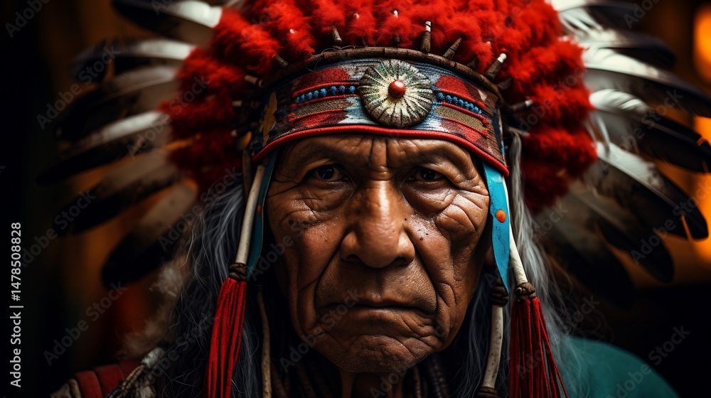 Native American elder in traditional regalia Native American elder in traditional regalia