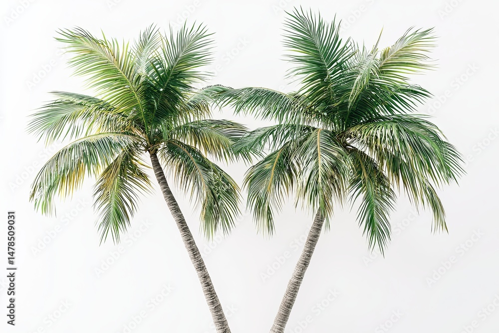 Fototapeta premium Two Lush Green Palm Trees Against a White Background
