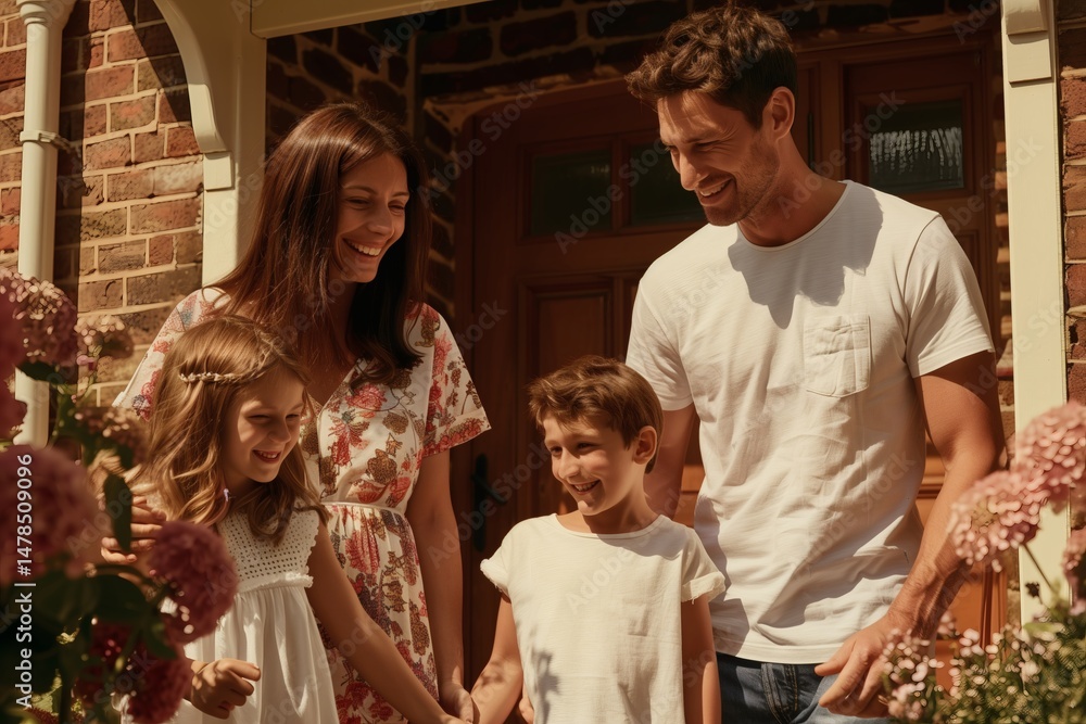 Fototapeta premium Family portrait by the front door with pink flowers. Two parents and two children are holding hands and smiling.
