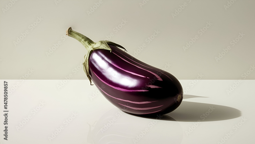 A single striped Italian purple eggplant with a green stem, beautifully isolated on a clean white background