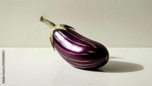 Obraz na płótnie A single striped Italian purple eggplant with a green stem, beautifully isolated on a clean white background w salonie