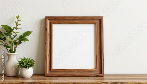 Elegant wooden frame with blank space on a shelf beside green plants and a neutral wall